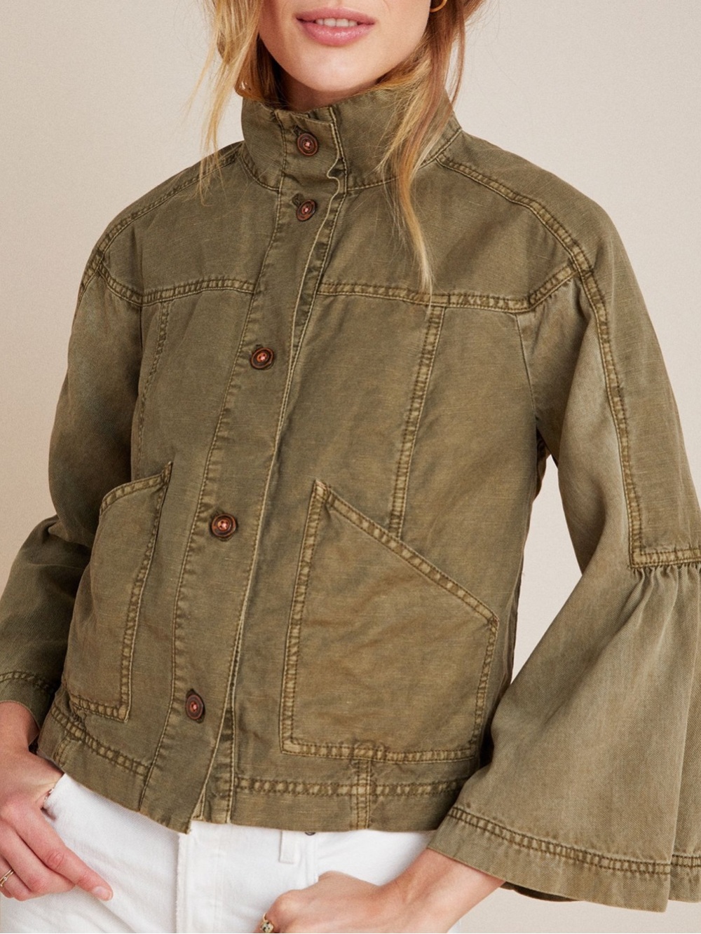 Anthropologie olive green Miley flounced utility jacket coat size L